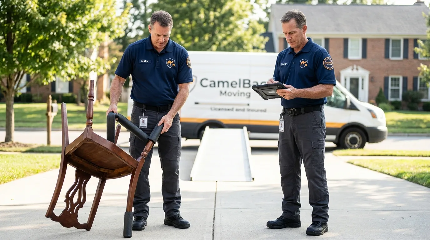 Movers inspecting furniture for damage prevention before loading in Flossmoor, IL